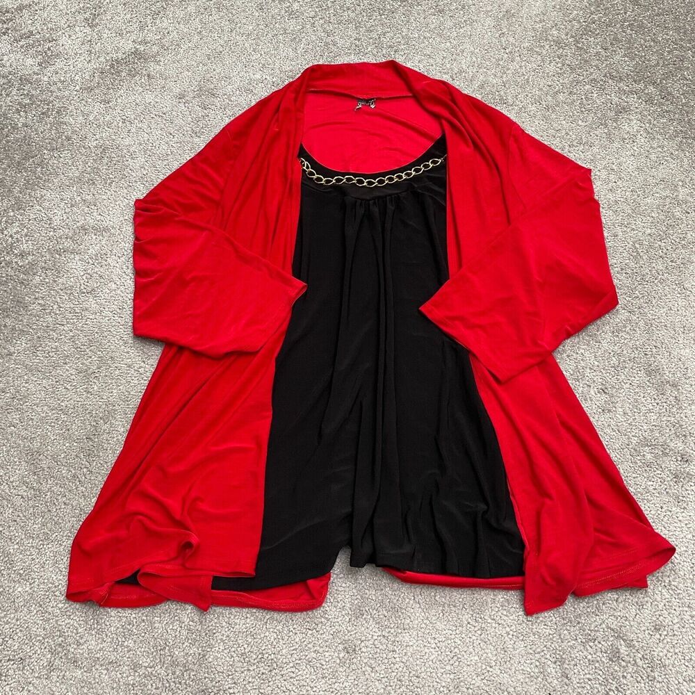 New Directions Cardigan W/ Inner Top Womens 2X Red Black Chain Necklace Stretch